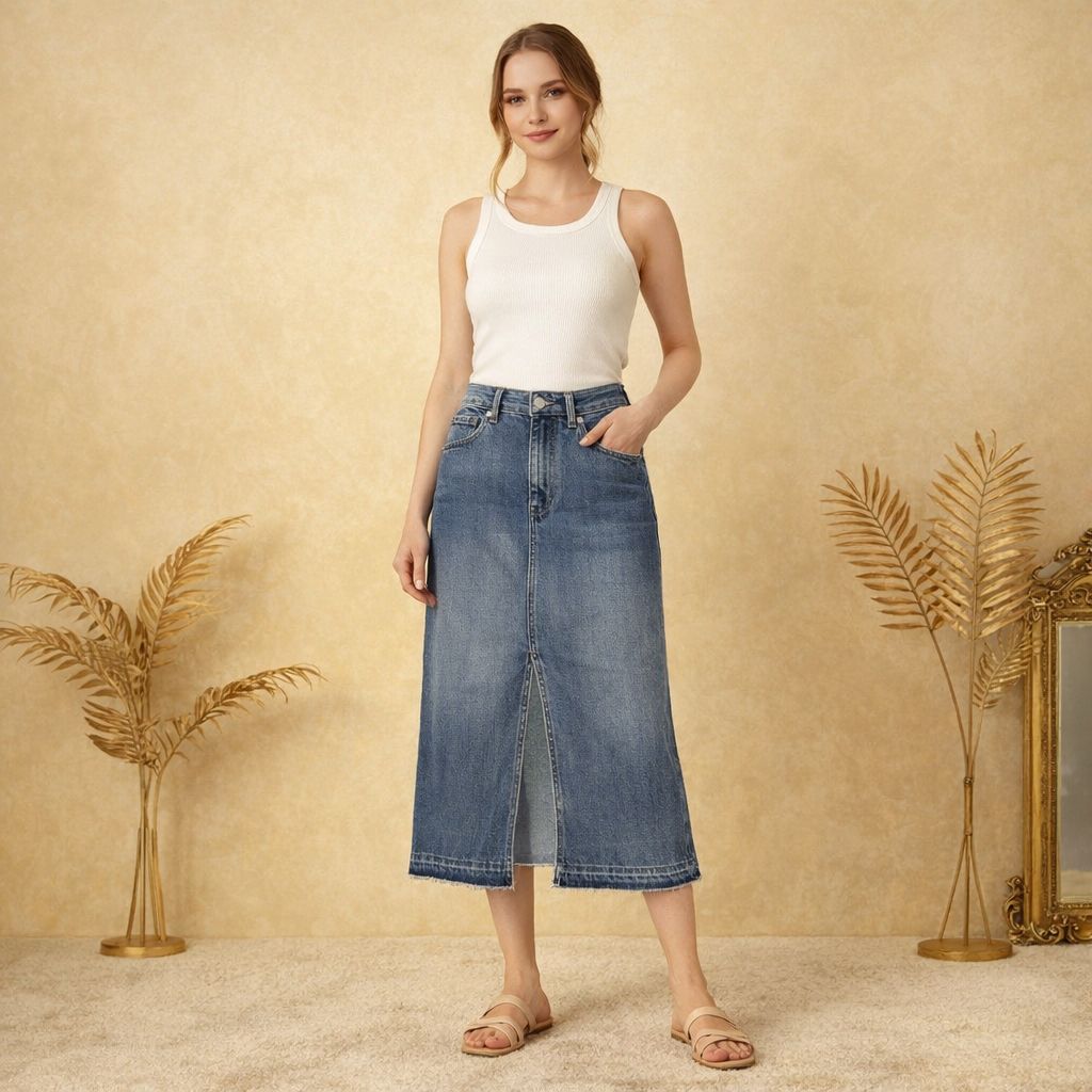 Ladies Classic Denim Midi Skirt – Indigo Blue-44