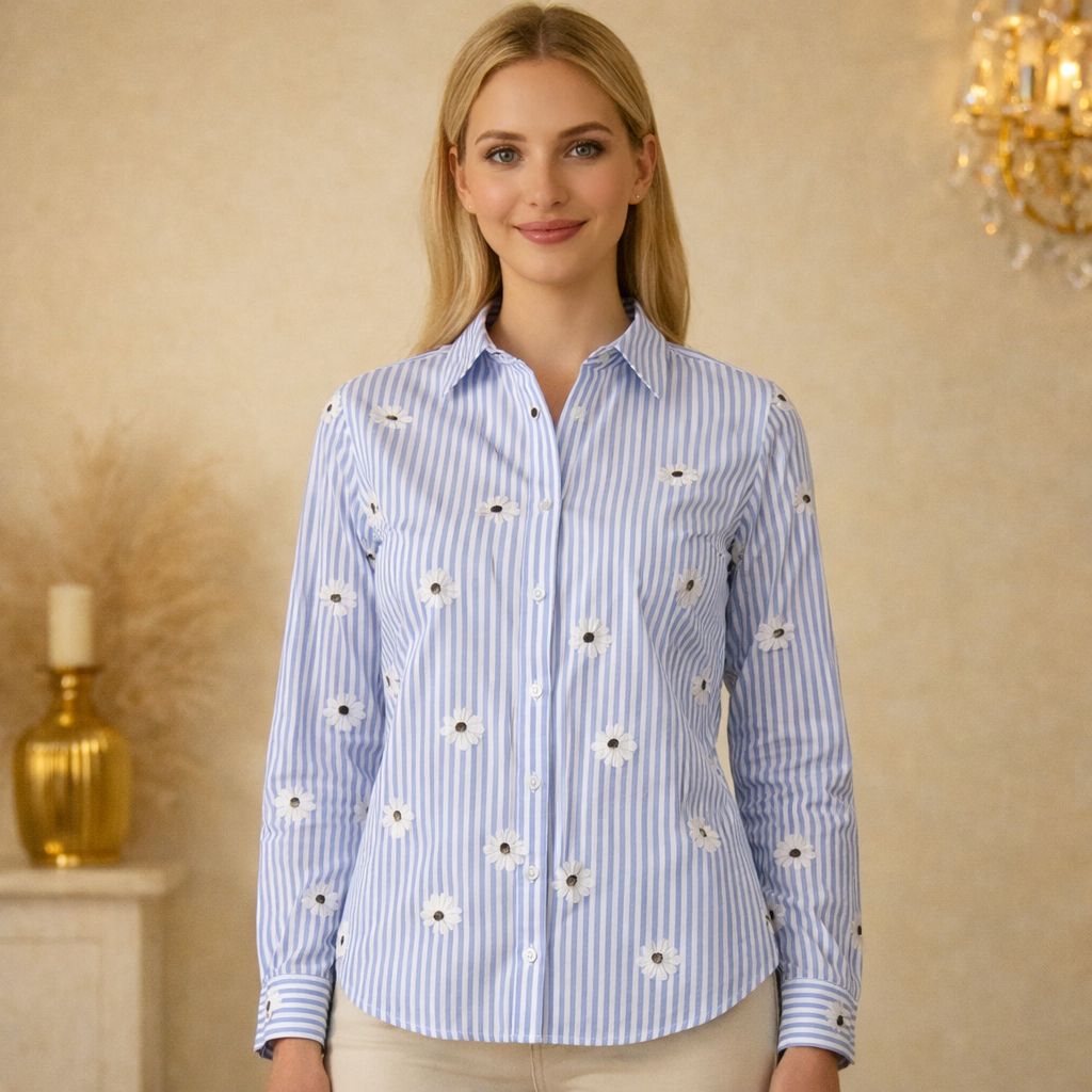 Ladies Floral Striped Long-Sleeve Button-Down Shirt