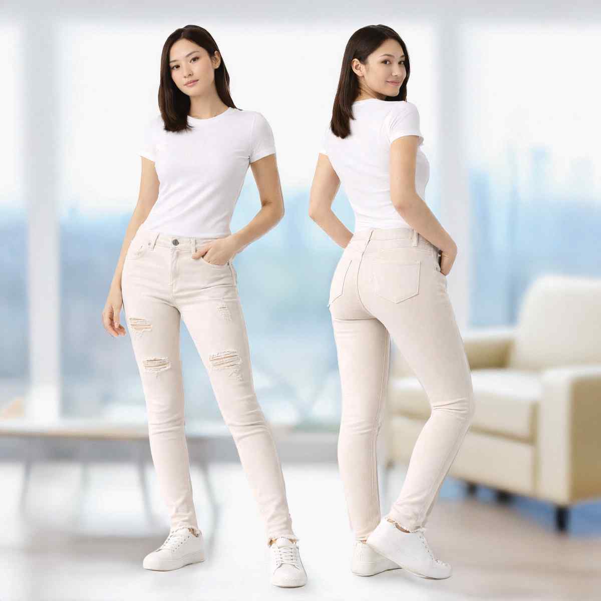 Ladies Ripped Skinny Jeans Light Beige-S
