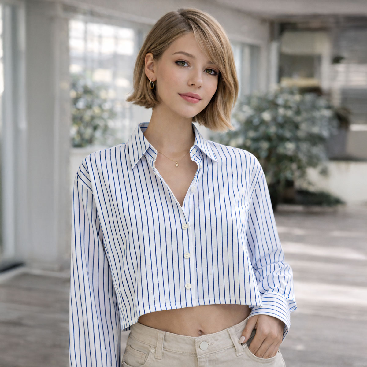 Women's Striped Crop Blouse -Royal Blue-S