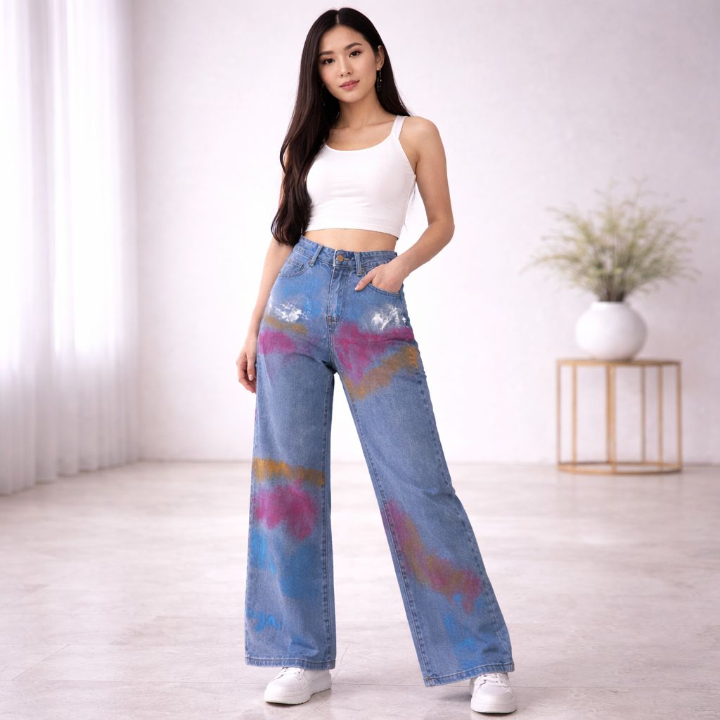 Ladies Blue Wide-Leg Printed Jeans-L