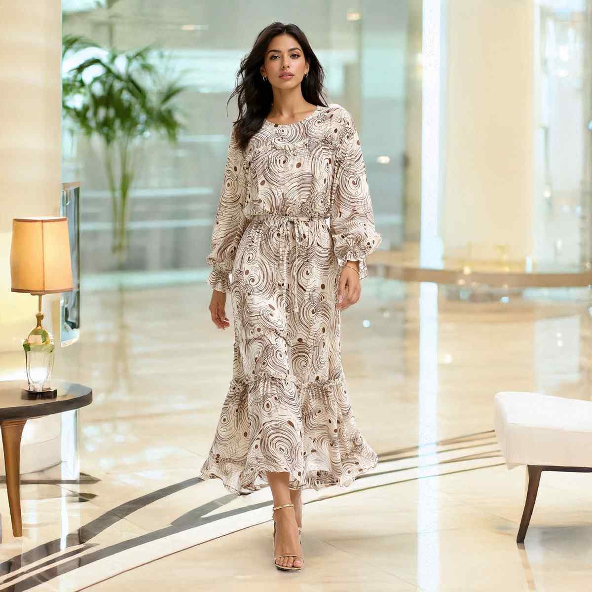 Ladies Long Dress-Beige Brown-2XL