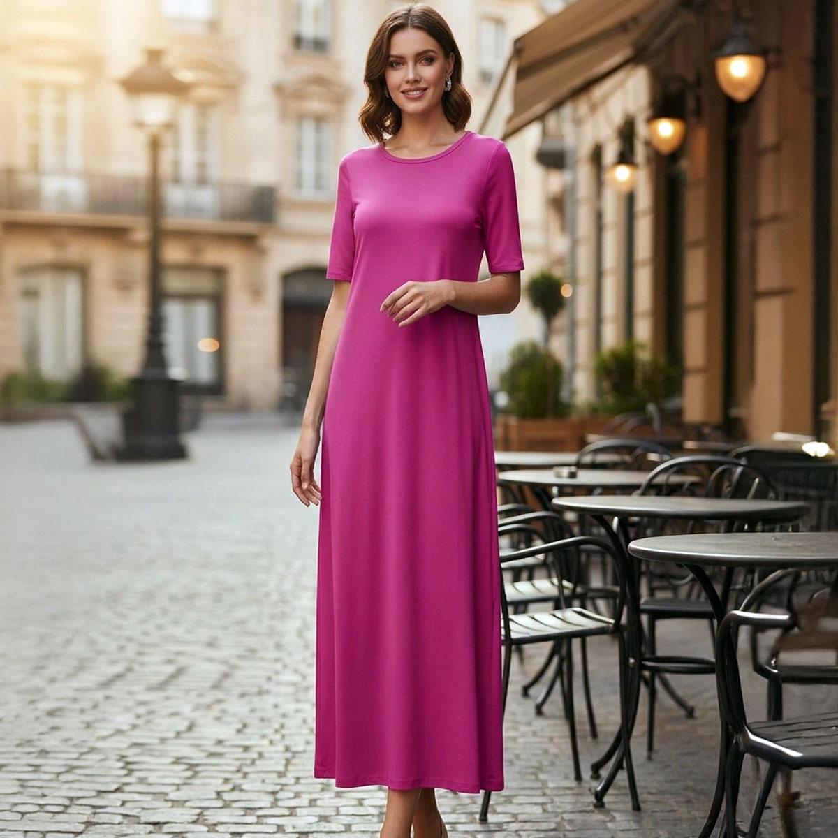 Ladies Crew Neck Maxi T-Shirt Dress-Dark Pink