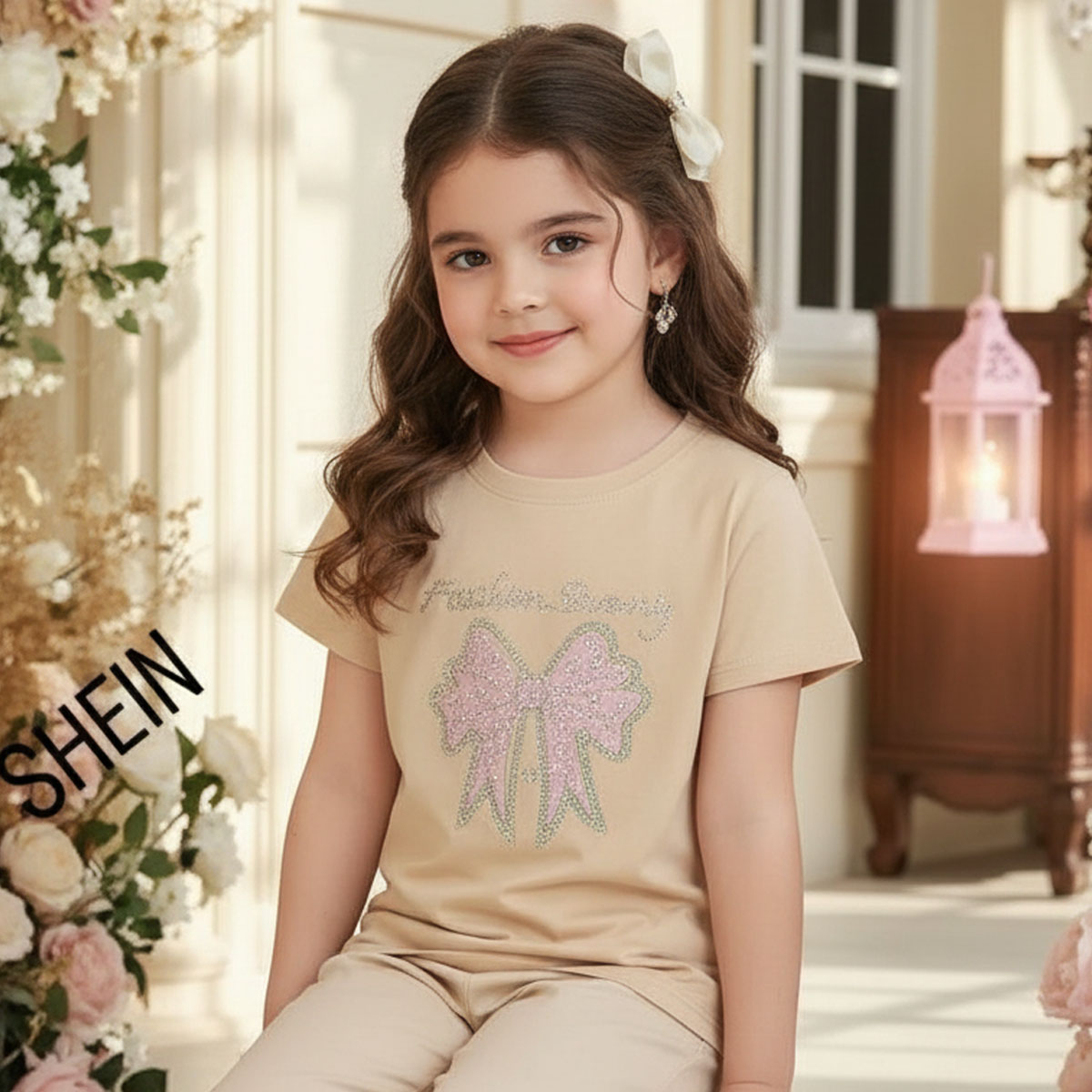 Girls T-Shirt with Bow Design-Beige