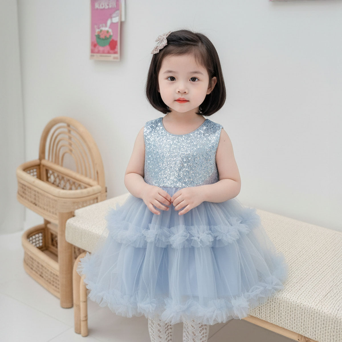 Girls Sequin Tulle Dress-Blue