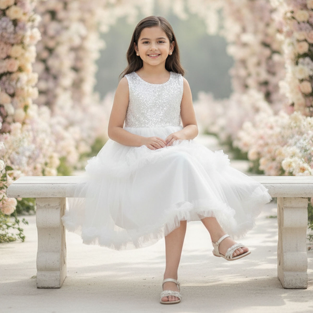 Girls Sequin Tulle Dress-White