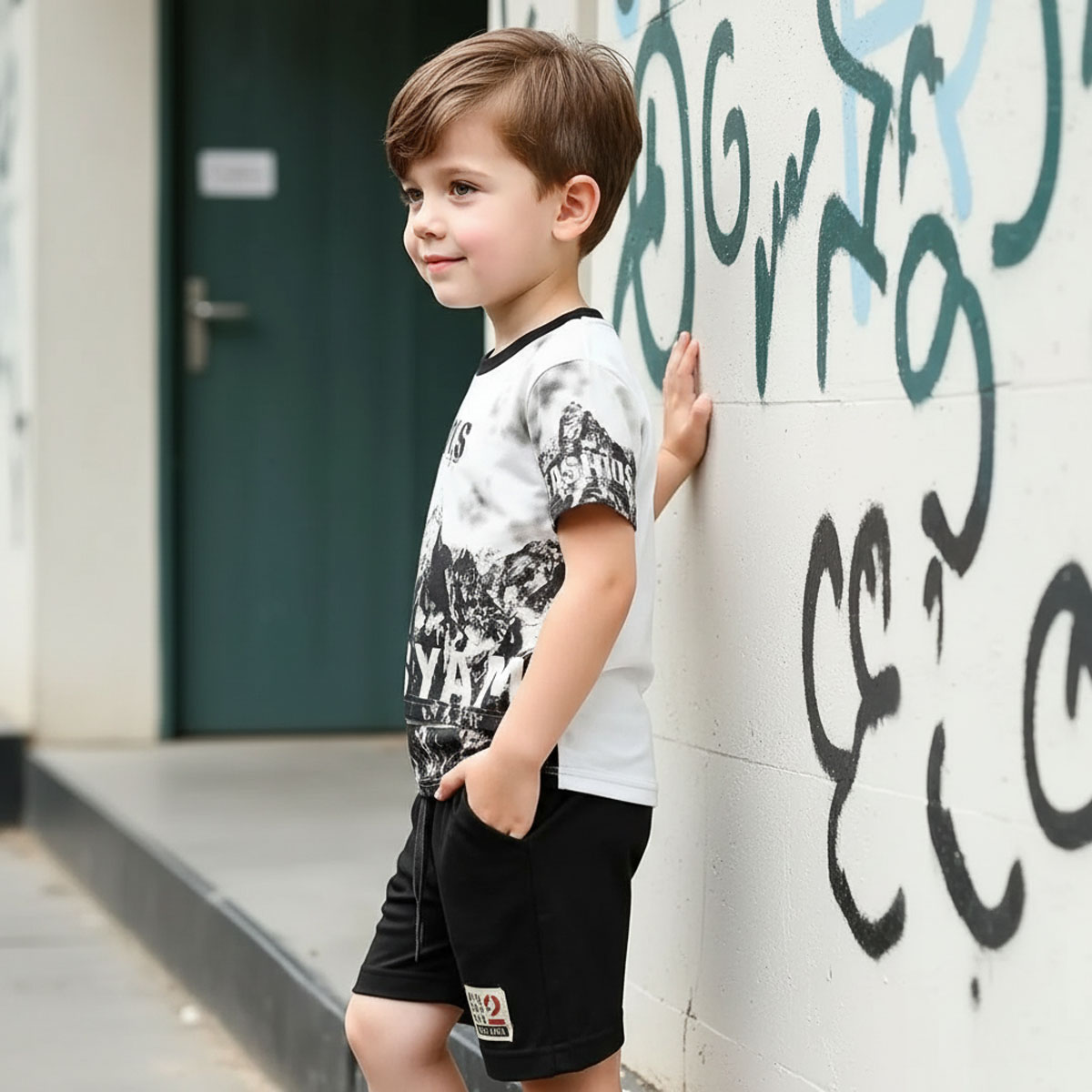 Boys Fashion T-Shirt and Shorts Set-White/Black