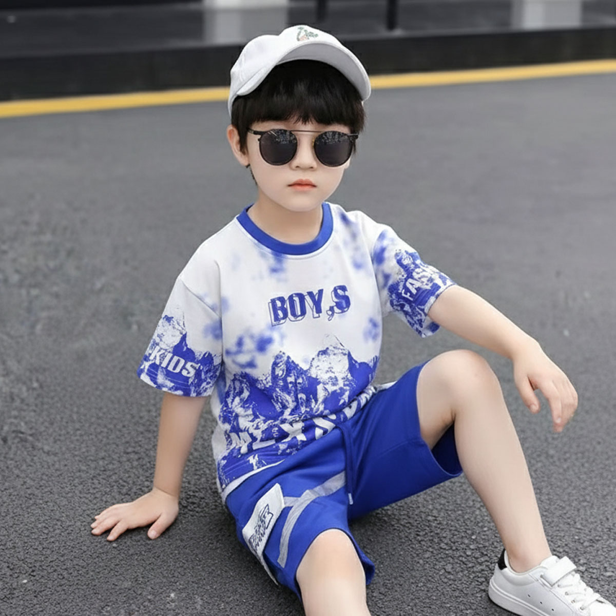 Boys Fashion T-Shirt and Shorts Set-White/Blue