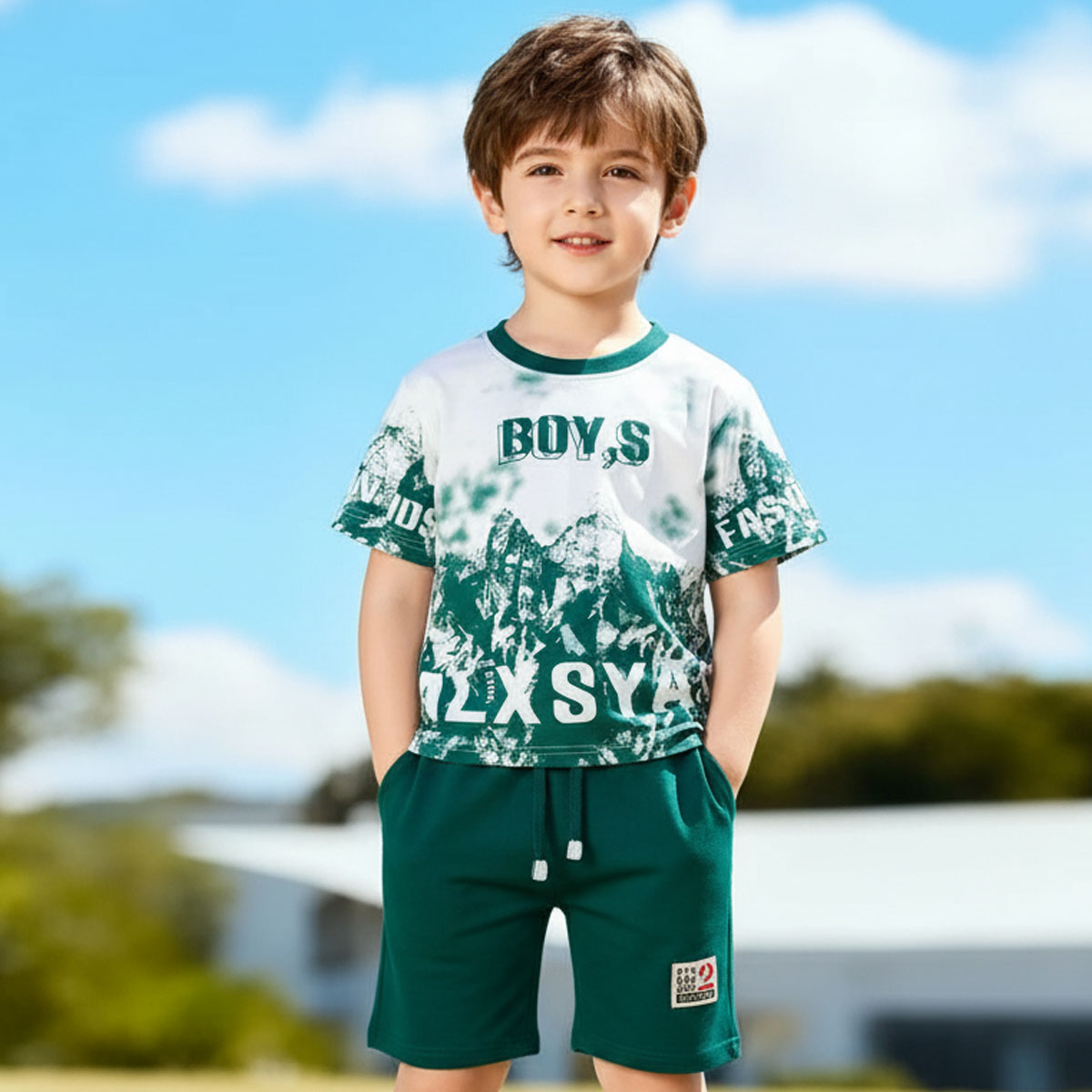 Boys Fashion T-Shirt and Shorts Set-White/Green