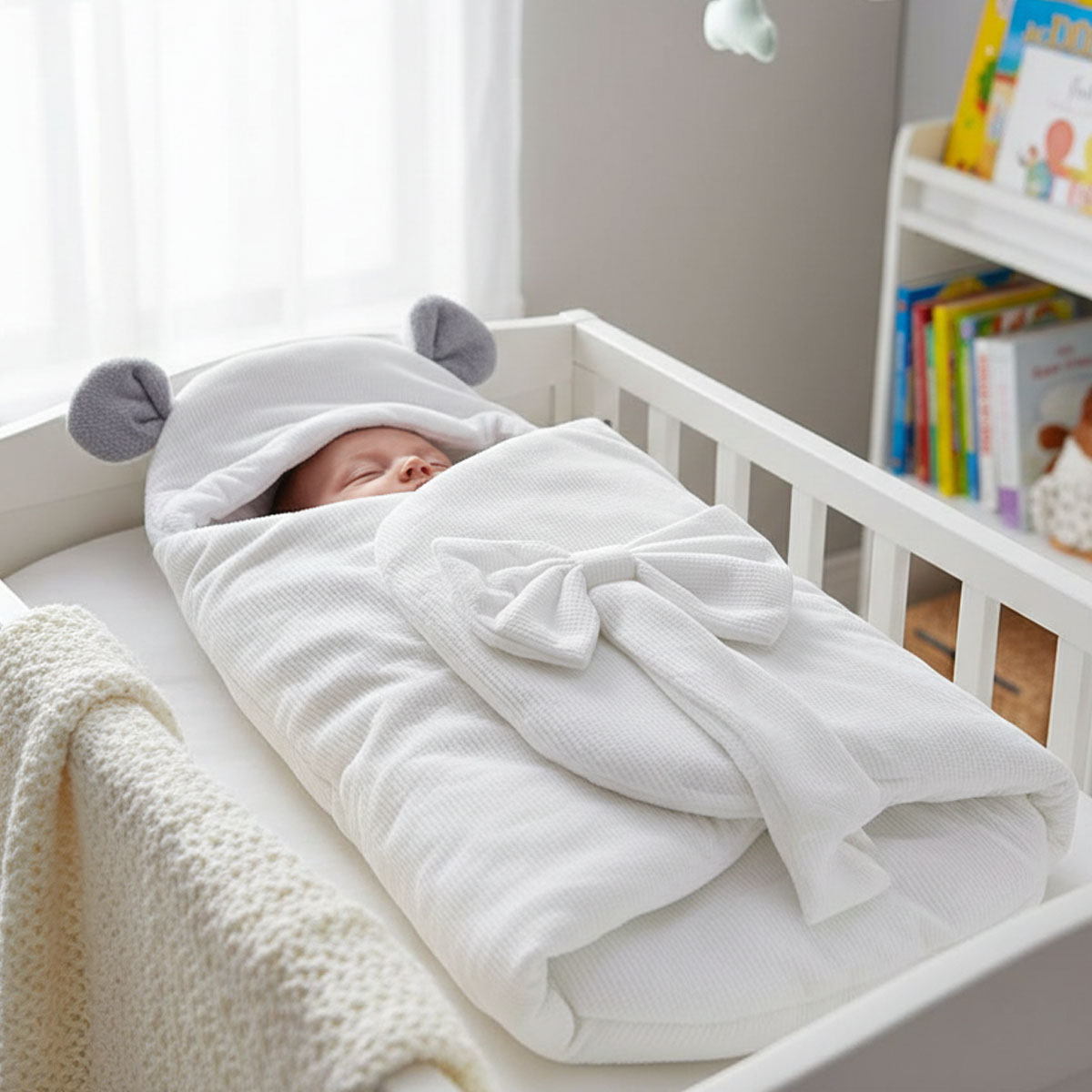 Baby Swaddle Blanket with Hood and Bow-White