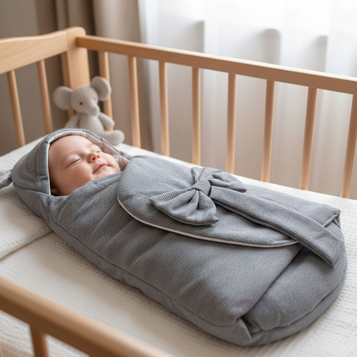 Baby Swaddle Blanket with Hood and Bow-Grey