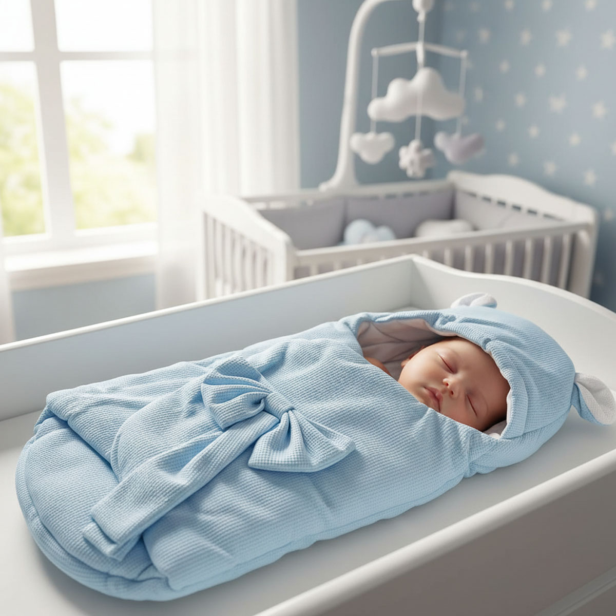 Baby Swaddle Blanket with Hood and Bow-Blue