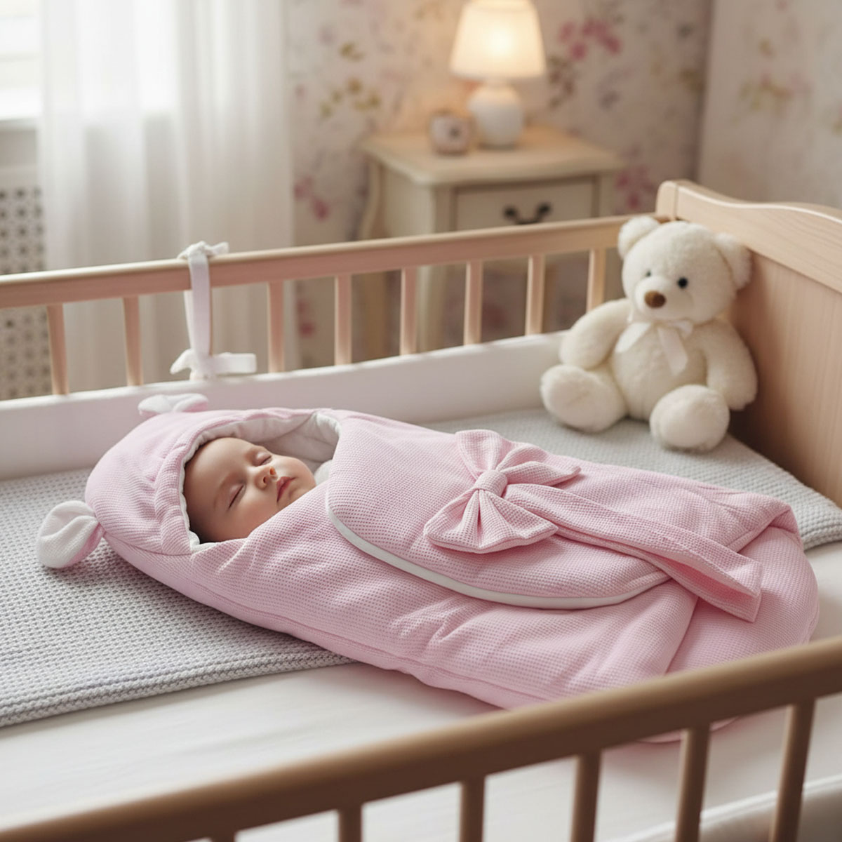 Baby Swaddle Blanket with Hood and Bow-Pink