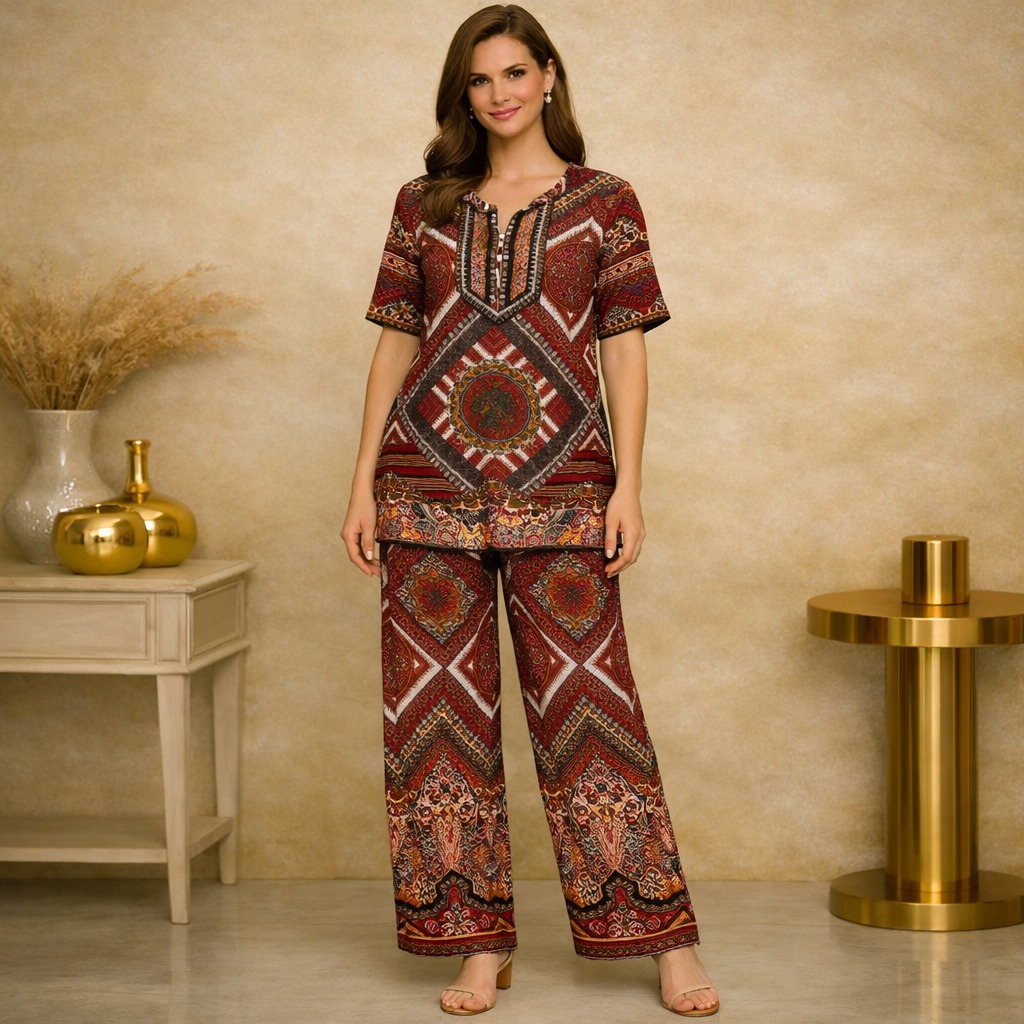Ladies 2-Piece Co-Ord Printed-Maroon-XL