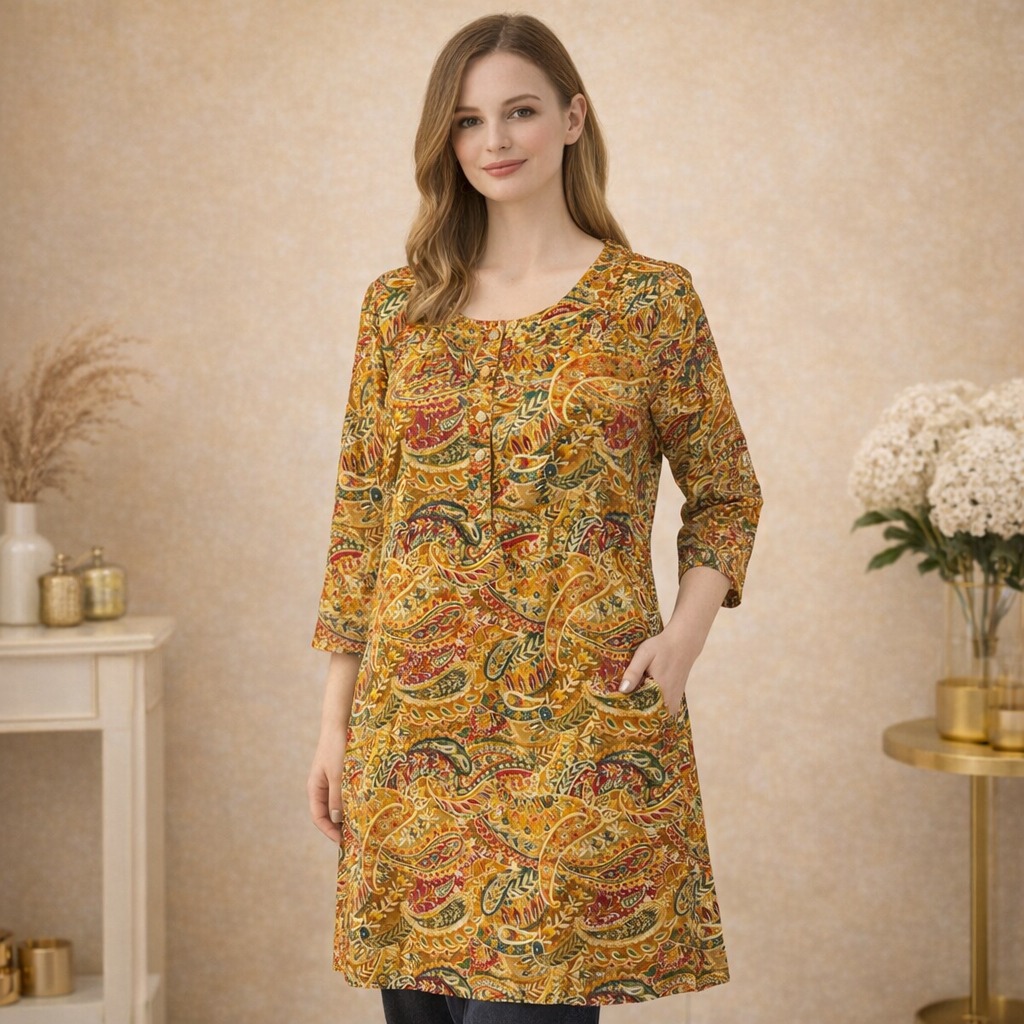 Ladies Kurti Plain-Yellow-L