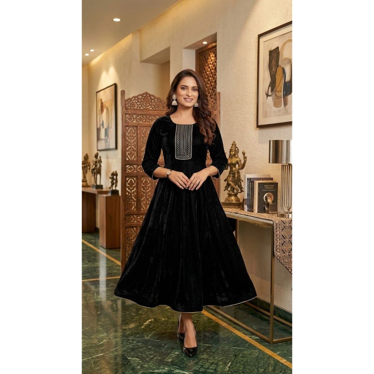 Ladies Kurti Embroidery-Black-XL-Black