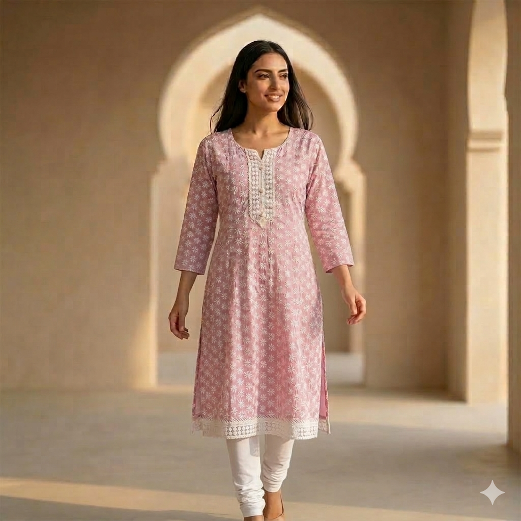 Ladies Chikan Kurtis-L-Pink-M