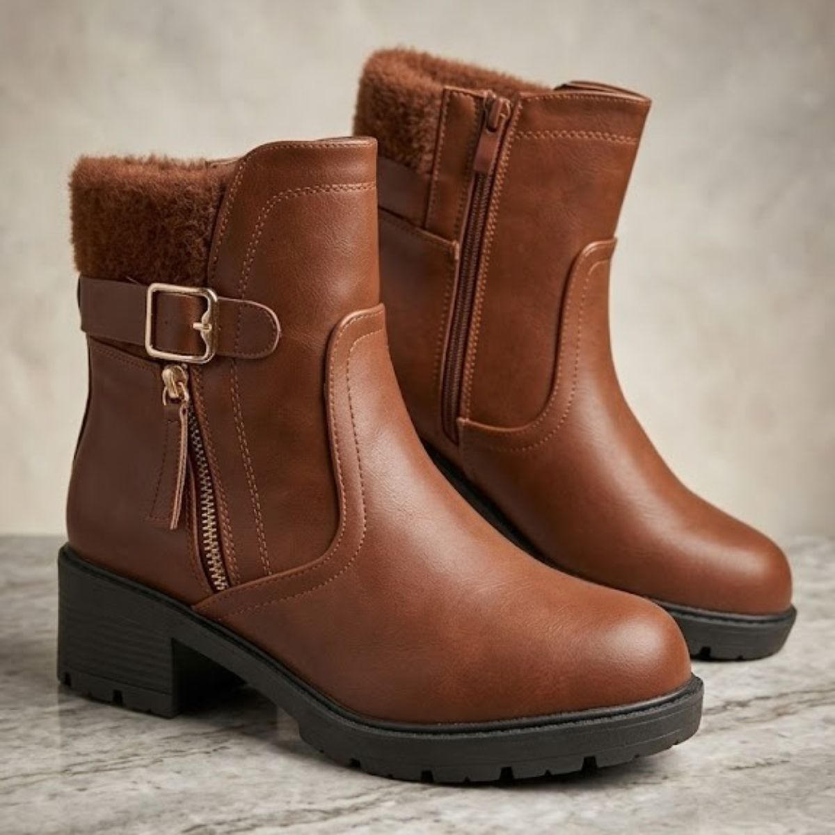Ladies Boots Medium Heel Pu-Camel-36