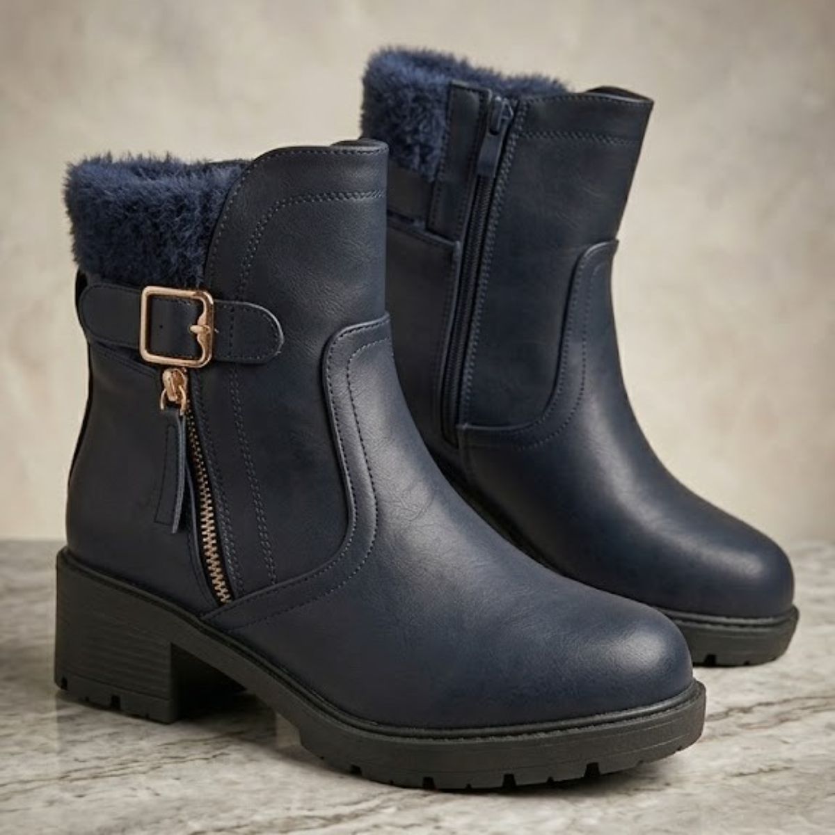 Ladies Boots Medium Heel Pu-Navy Blue-36