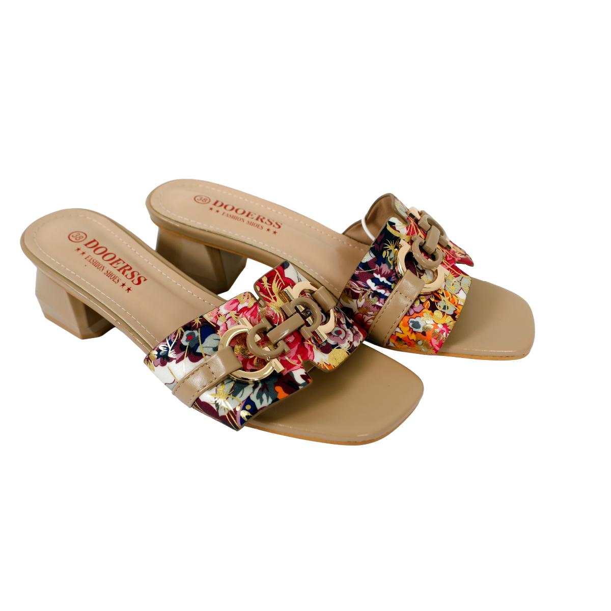 Women's Patterned Block Heel Mules-Khaki-39