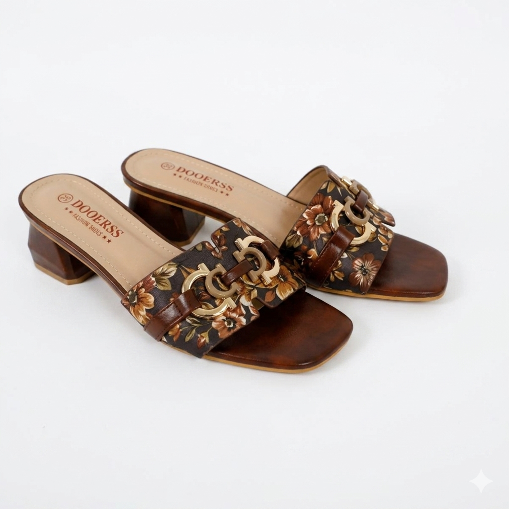 Women's Patterned Block Heel Mules-Brown-41