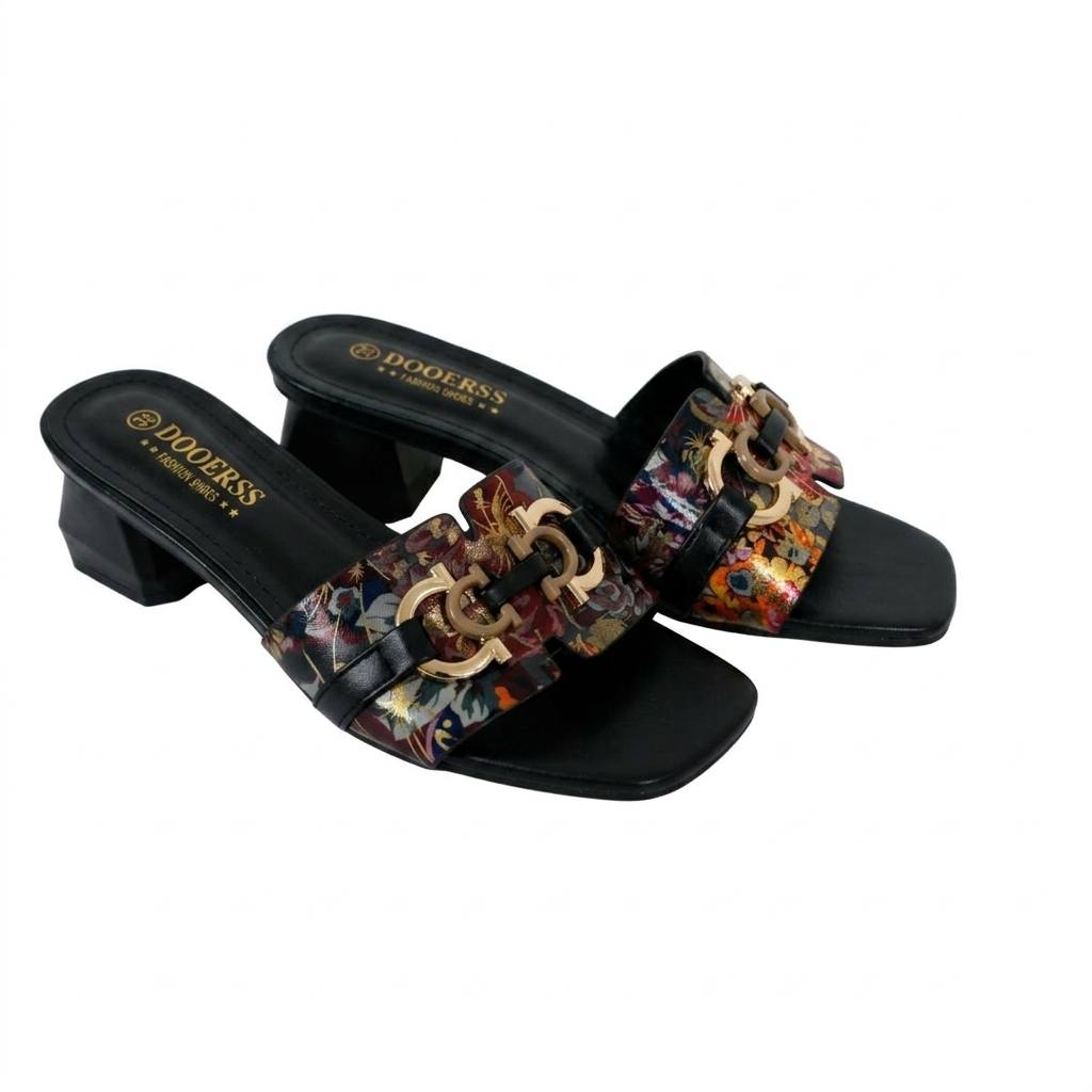 Women's Patterned Block Heel Mules-Black-38