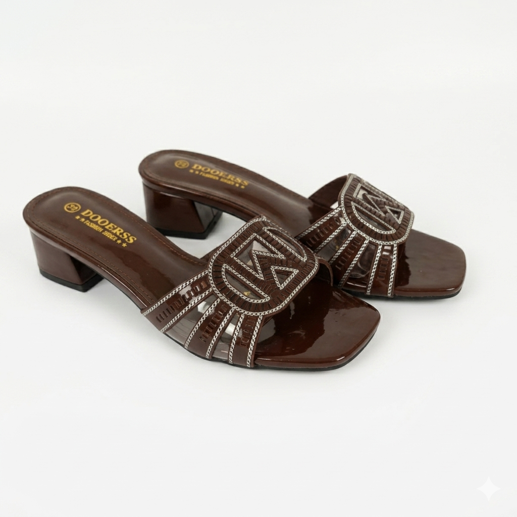 Ladies Embellished Heeled Mules-Brown-37