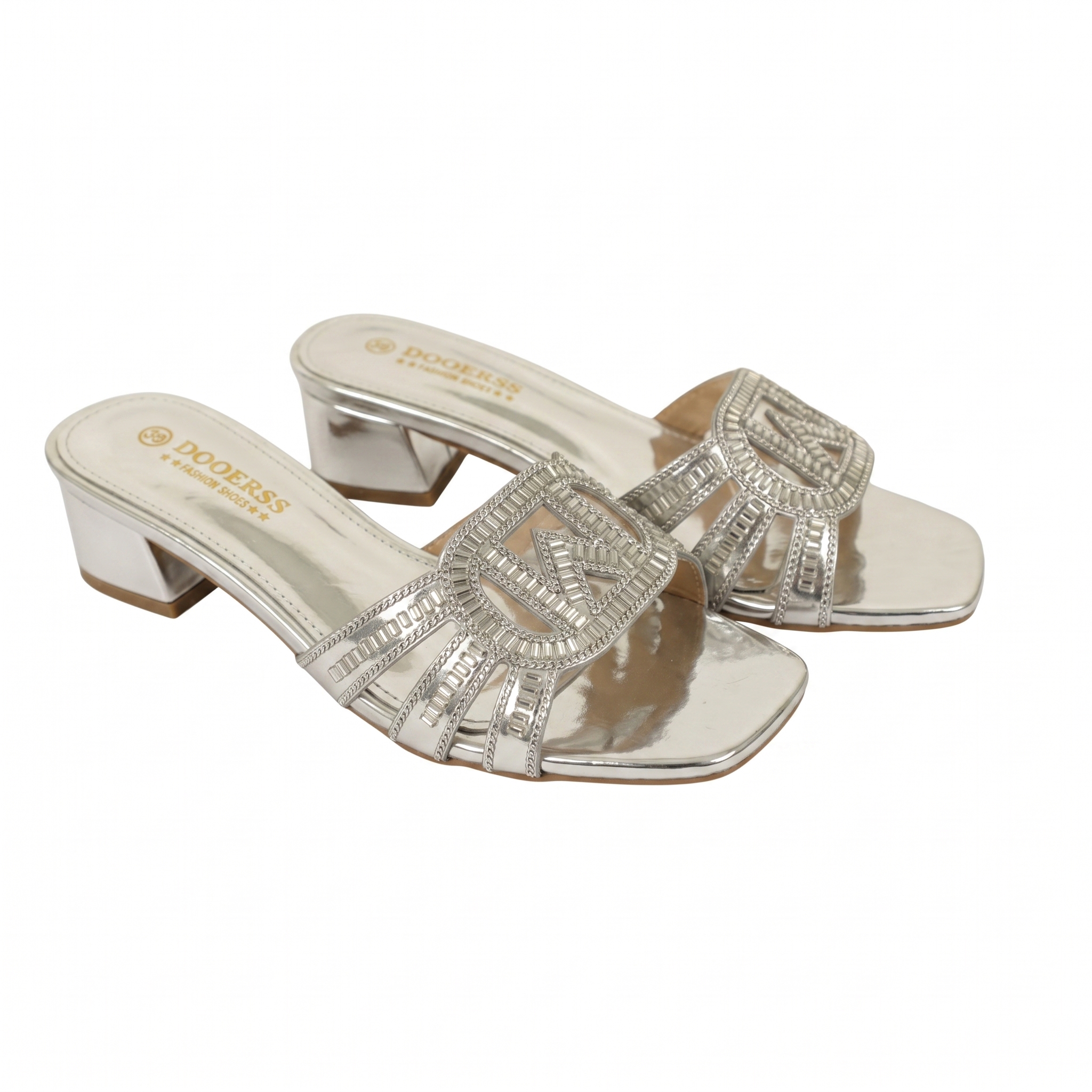 Ladies Embellished Heeled Mules-Silver-39