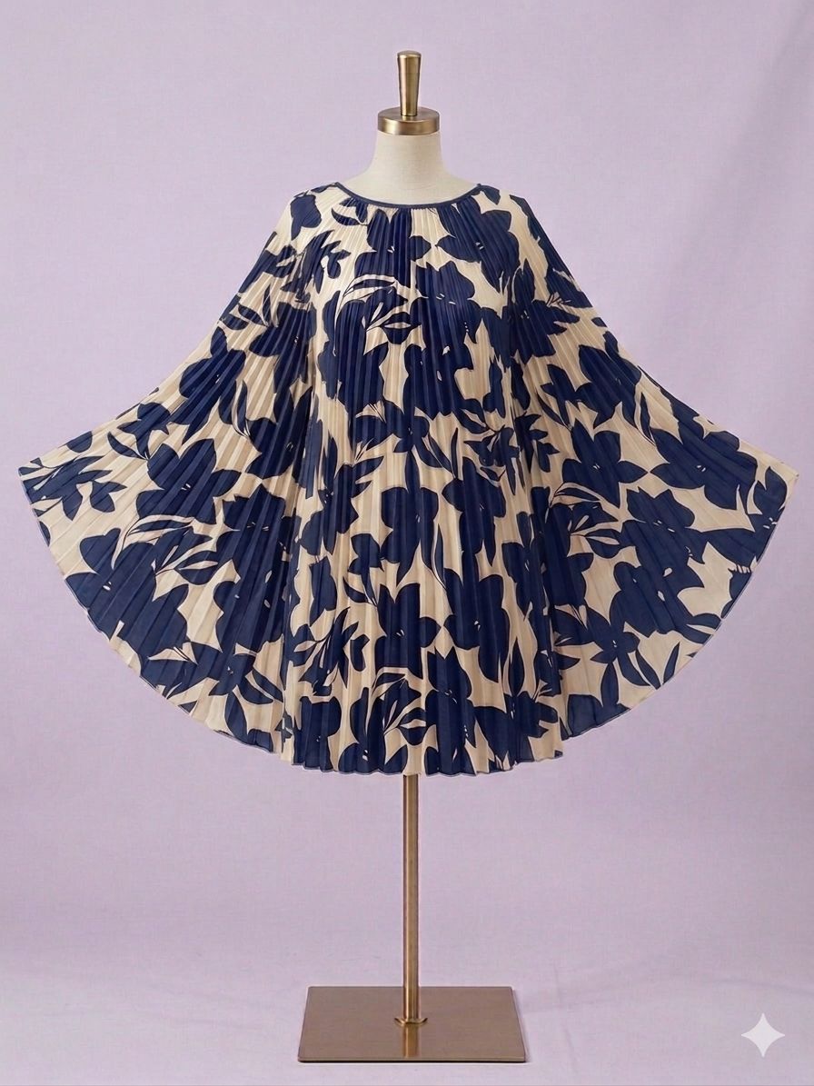 Ladies Floral Pleated Long Blouse – Free Size-Navy Blue