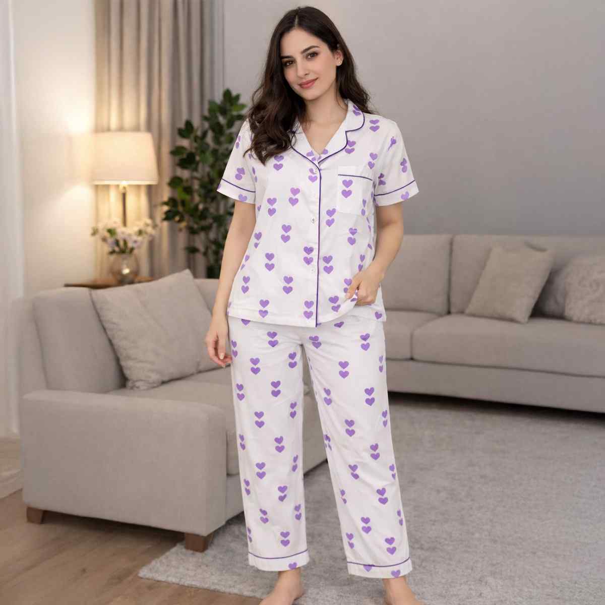 Ladies Pyjama Set with Pants S/S-White-L