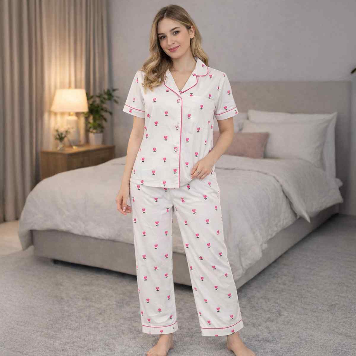 Ladies Pyjama Set with Pants S/S-White-3XL