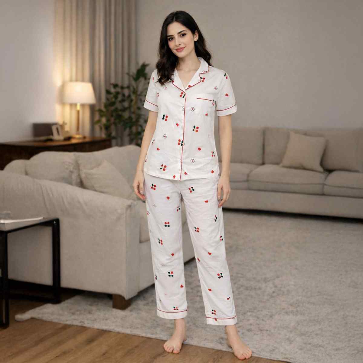 Ladies Pyjama Set with Pants-White-M