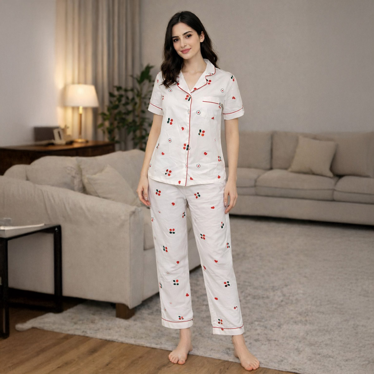 Ladies Pyjama Set with Pants S/S-White-L-White-XL