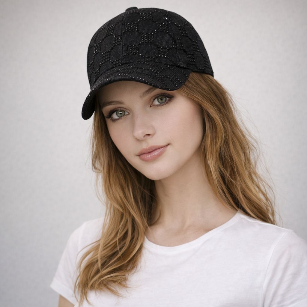 Ladies Crystal Monogram Summer Cap – Black (Free Size)