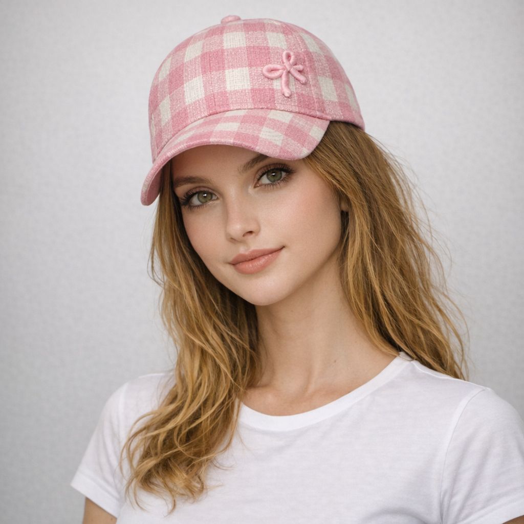 Ladies Gingham Check Cap with Bow Detail Pink (Free Size)