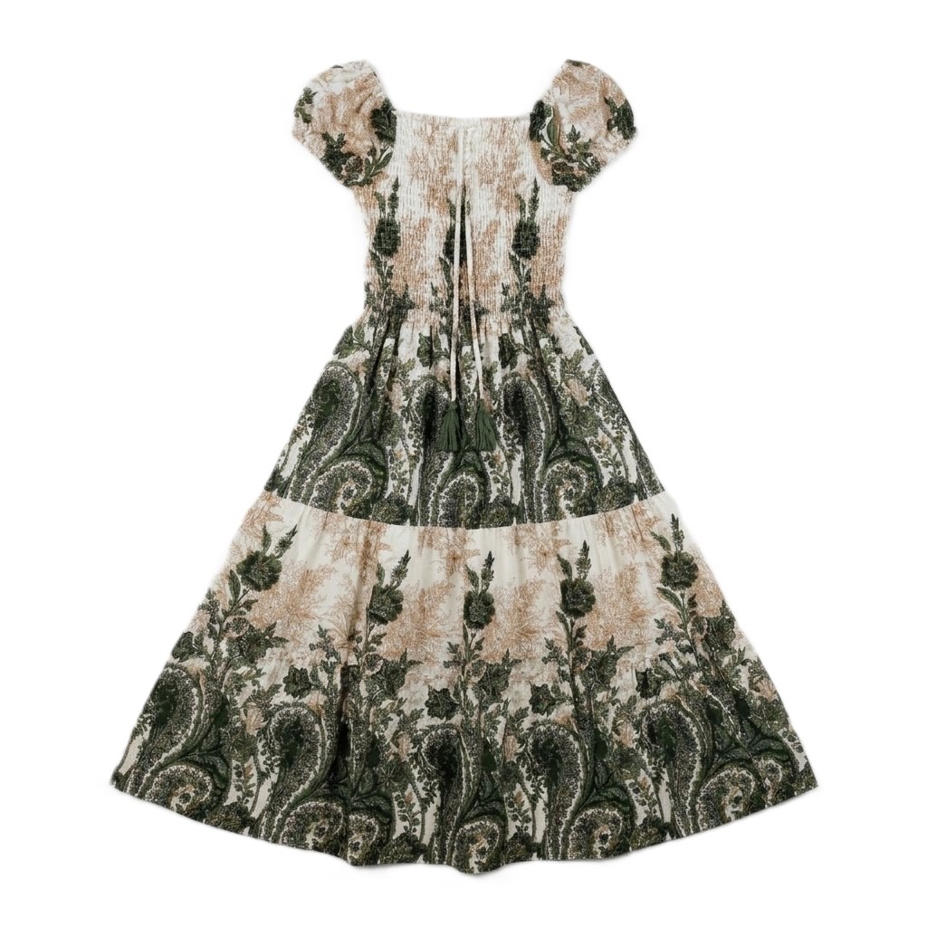 Ladies Printed Smocked Maxi Dress-Green