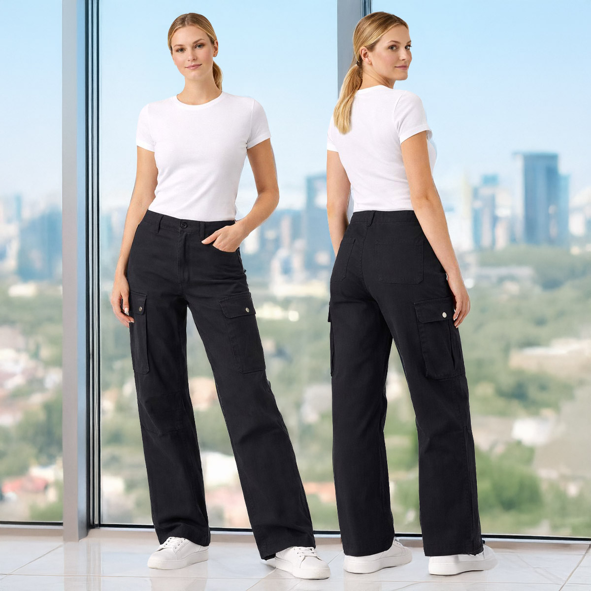 Ladies Straight Cargo Jeans Black-XS