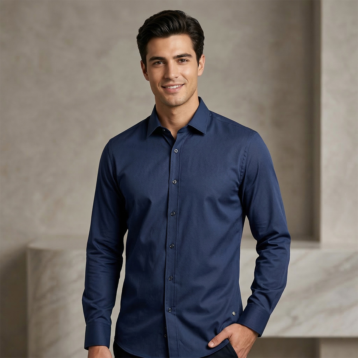 Slm Fit Formal Shirt Navy L/S-Blue-XL