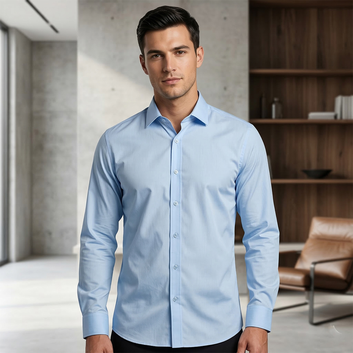 Slm Fit Formal Shirt Black L/S-Light Blue-XXXL