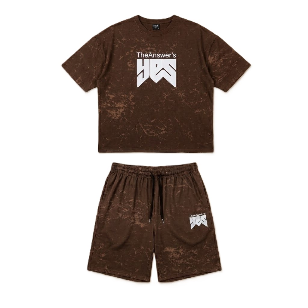 Men's Streetwear Set – Graphic Tee & Shorts-Brown-2XL