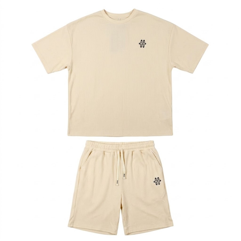 Men's 2-Piece Ribbed T-Shirt and Shorts Set-Beige-L