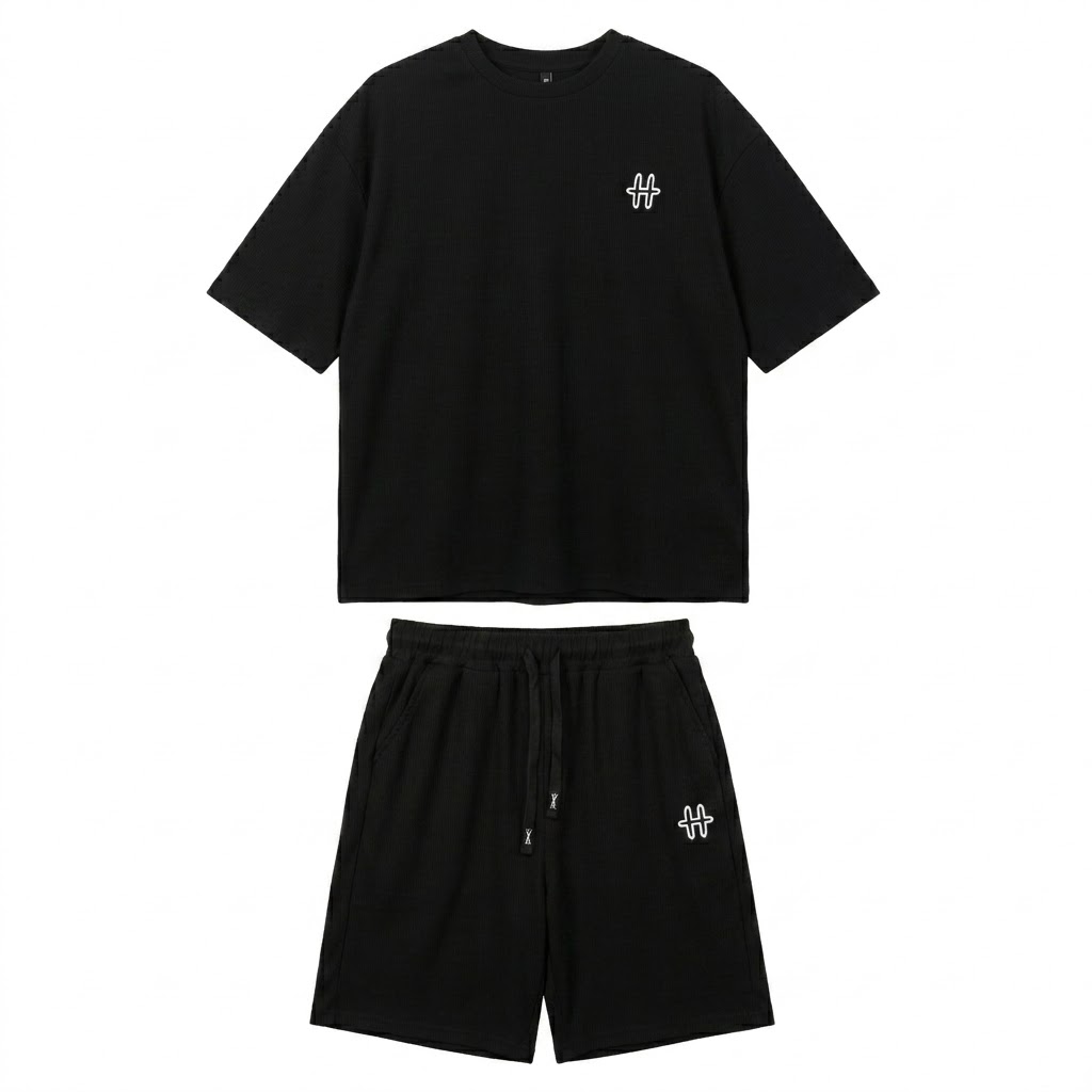Men's 2-Piece Ribbed T-Shirt and Shorts Set-Black-M