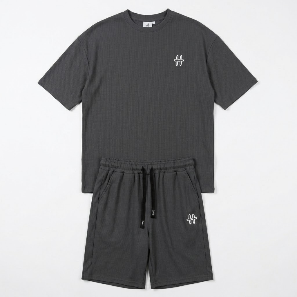 Men's 2-Piece Ribbed T-Shirt and Shorts Set-Dark Grey-L