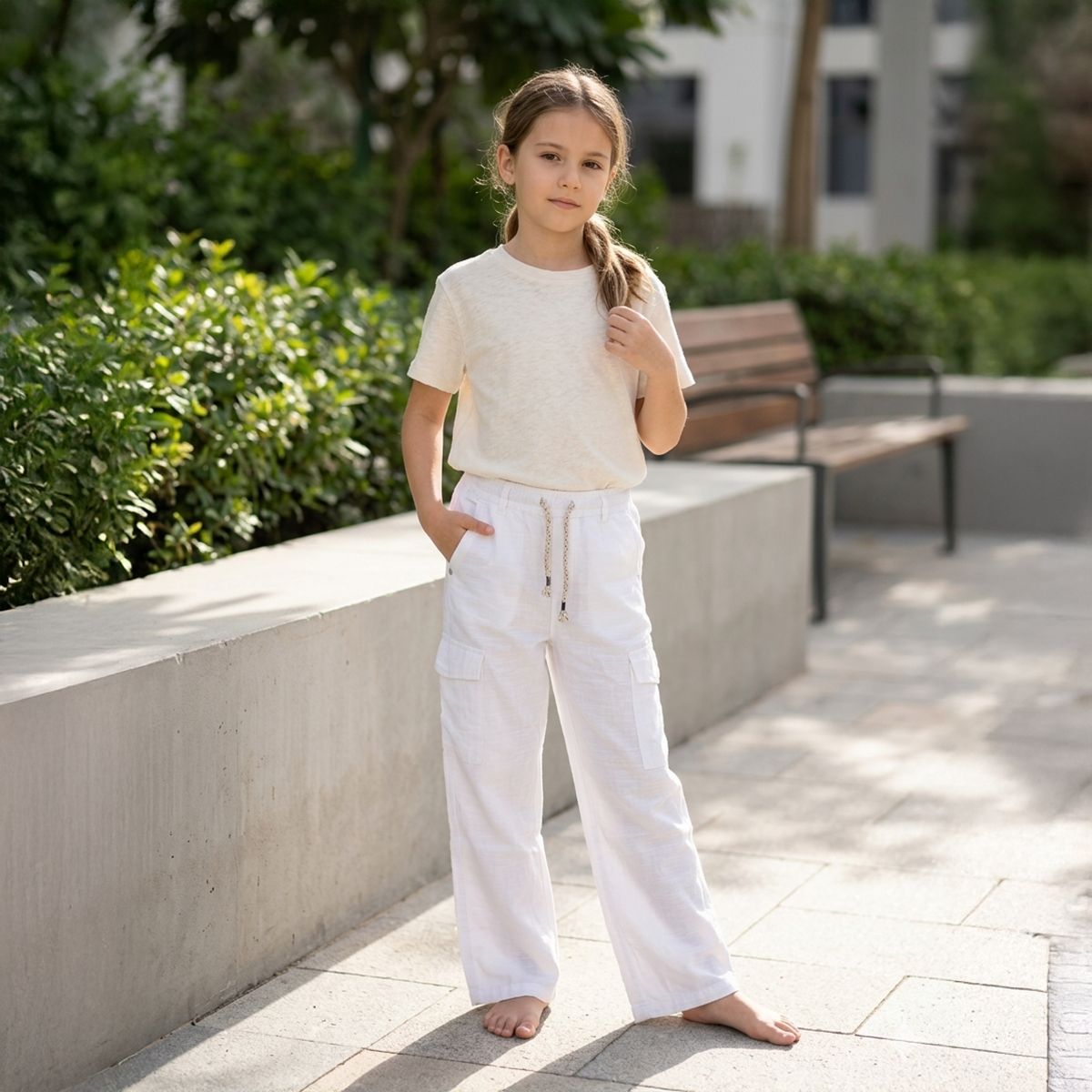 Girls Viscose Pant-White-15Y