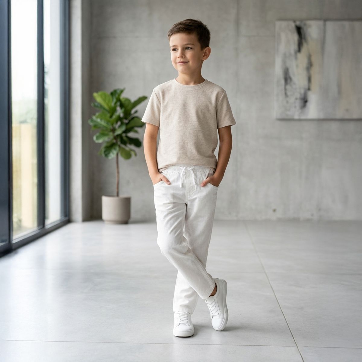 Boys Cotton Pant-White-11Y