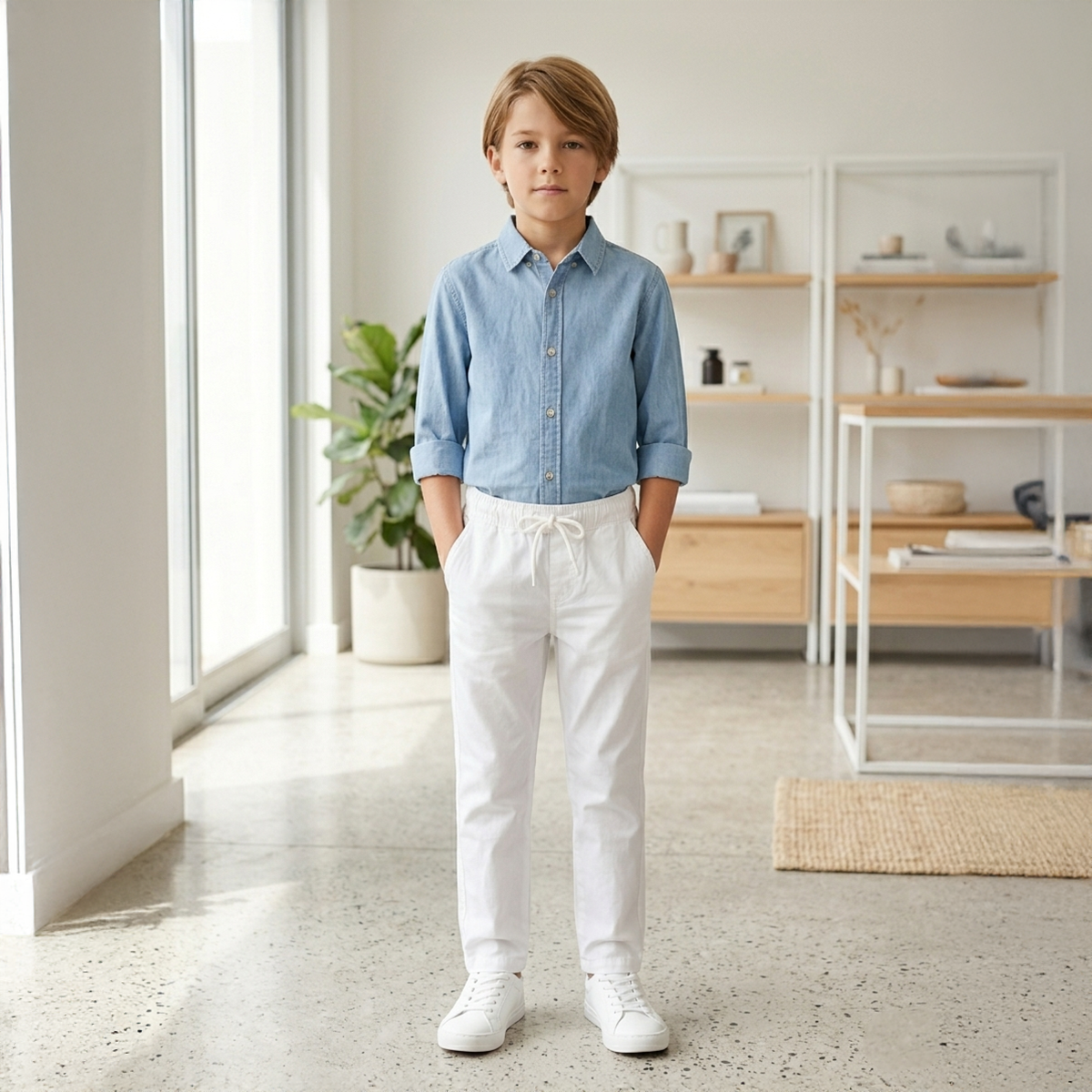 Boys Cotton Pants-7Y-White
