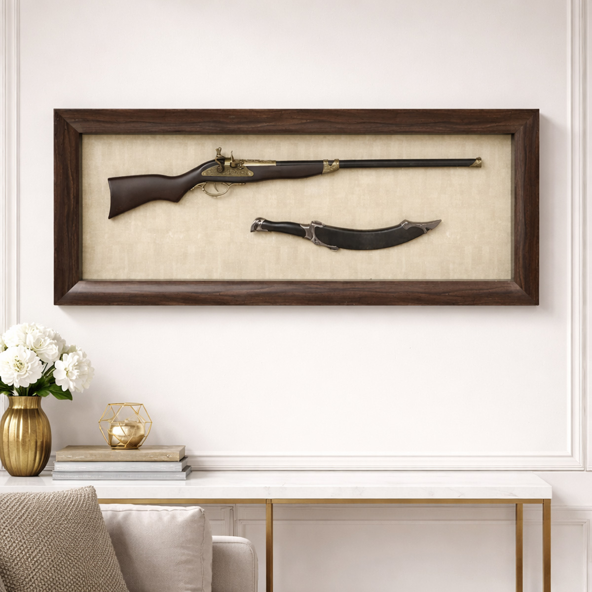 Framed Decorative Rifle and Sword Set