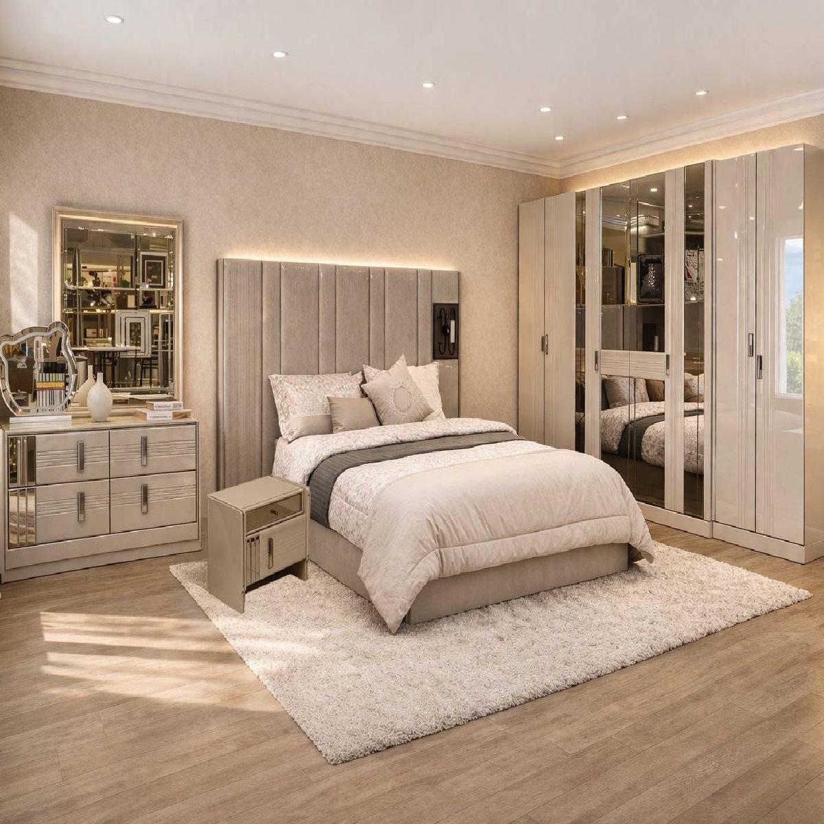 Modern Bedroom Set (180x200cm Bed, 1x8 Door Wardrobe, 2 Night Stand, 1 Dressing Table With Stool)