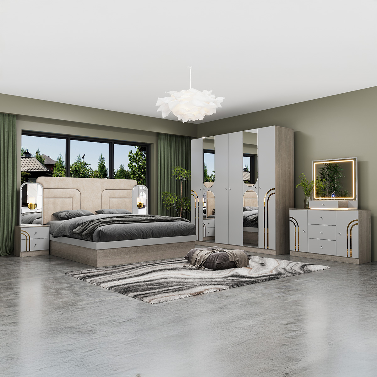 Bedroom Set-180x200cm (Bed + 1x6Doors Wardrobe + 2xNight Stand + Dressing Table With Stool)
