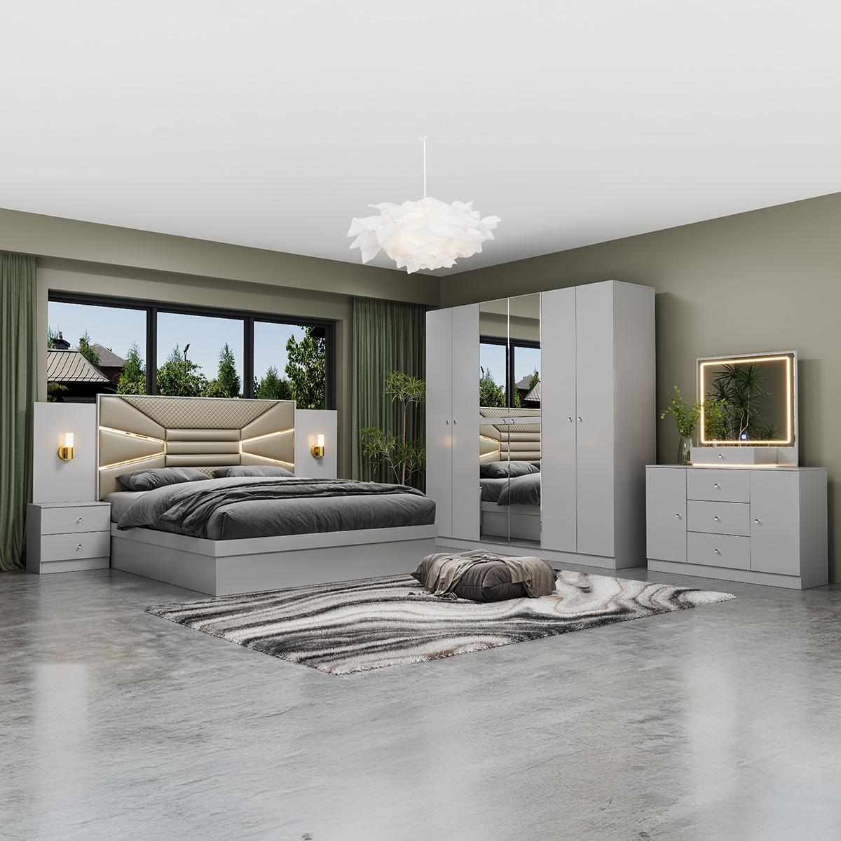 Bedroom Set-180x200cm (Bed + 1x6Doors Wardrobe + 2xNight Stand + Dressing Table With Stool)